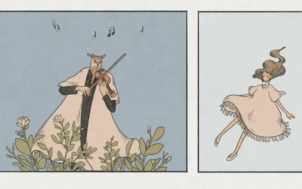 The girl being literally carried away by the owl masked man's violin music