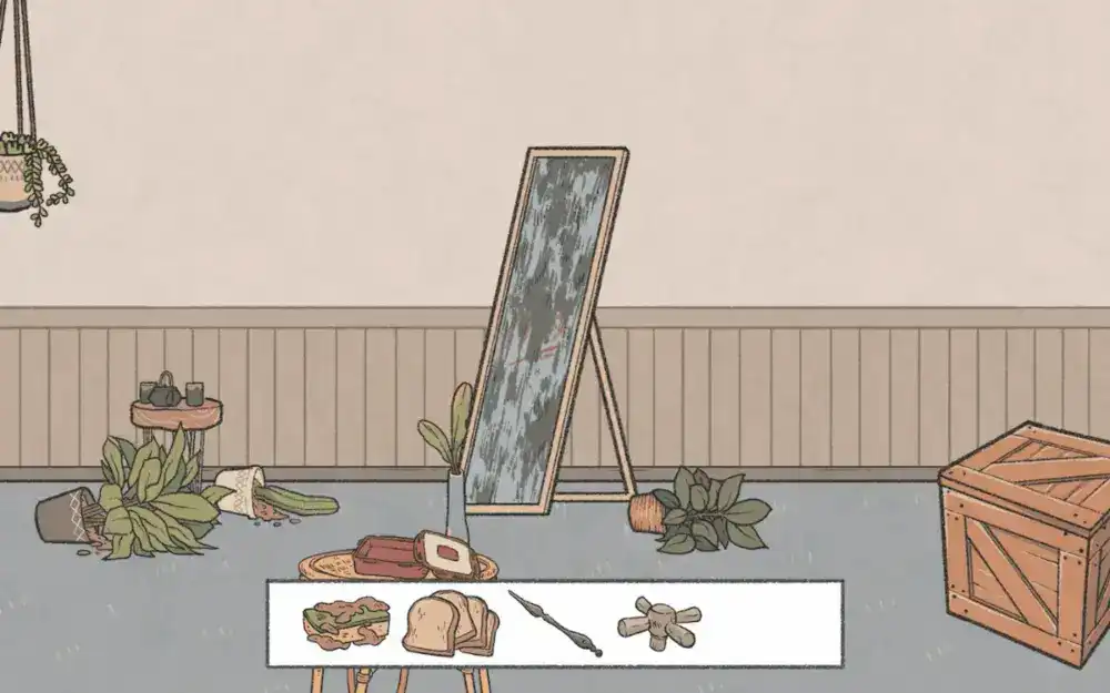 The house items that were clicked on are in disarray: a dirtied mirror and knocked over plants