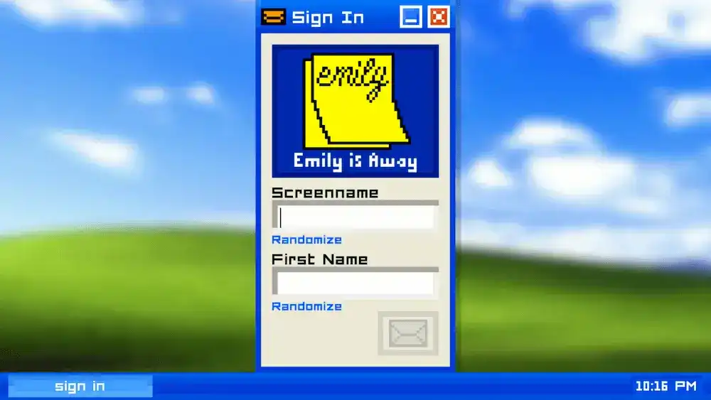 Emily is Away instant messaging login screen